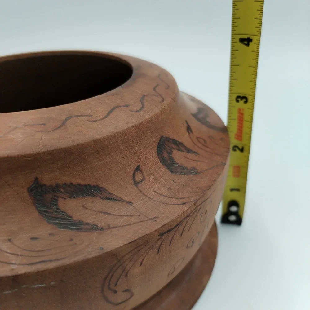 Vintage Hand Turned Wood Bowl Pyrography Floral Design Wood Burned Folk Art Boho